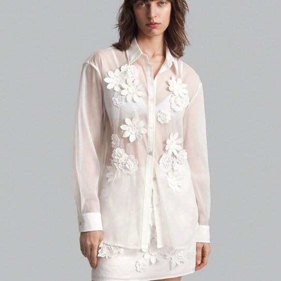 Women's Floral 3d Embellished Long Sleeve Blouse white - Picture 6 of 9